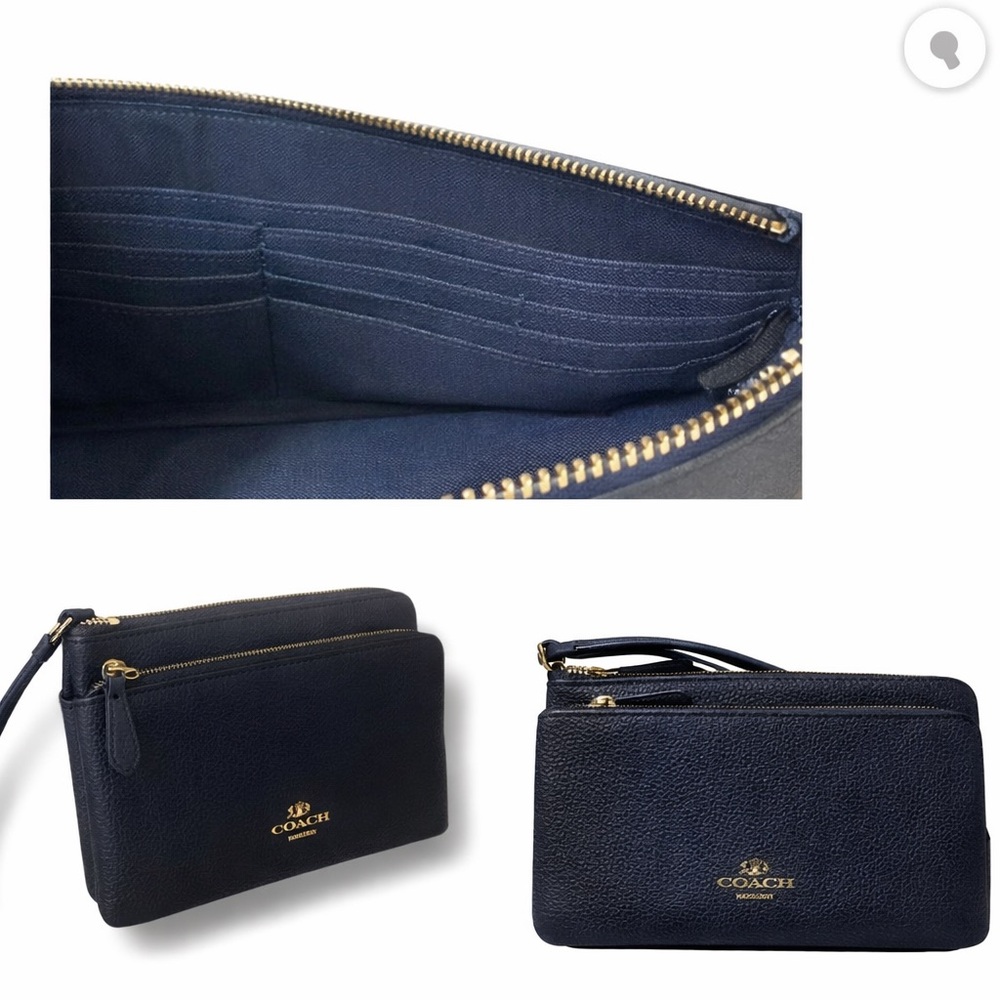 Coach Midnight Pebbled Leather Double-Zip Wristlet | Gold Hardware NWT $198 MSRP - Picture 2 of 16